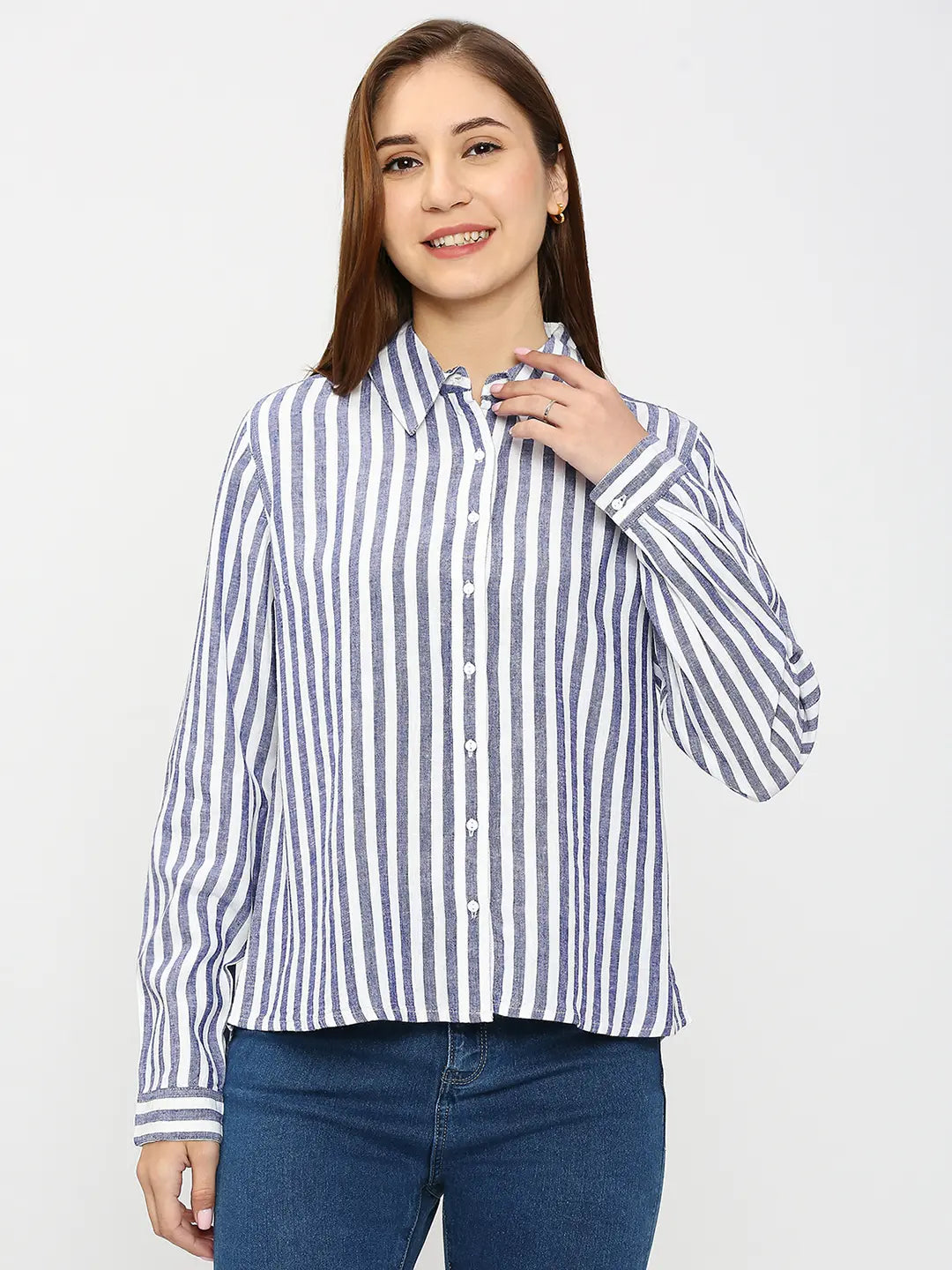 Spykar Women Blue Cotton Regular Fit Striped Shirts