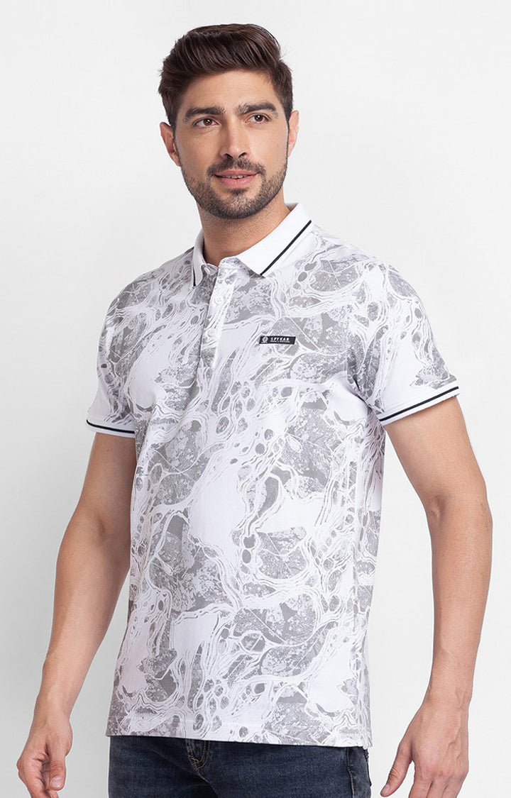 Spykar White Cotton Half Sleeve Printed Casual Polo T-shirt For Men
