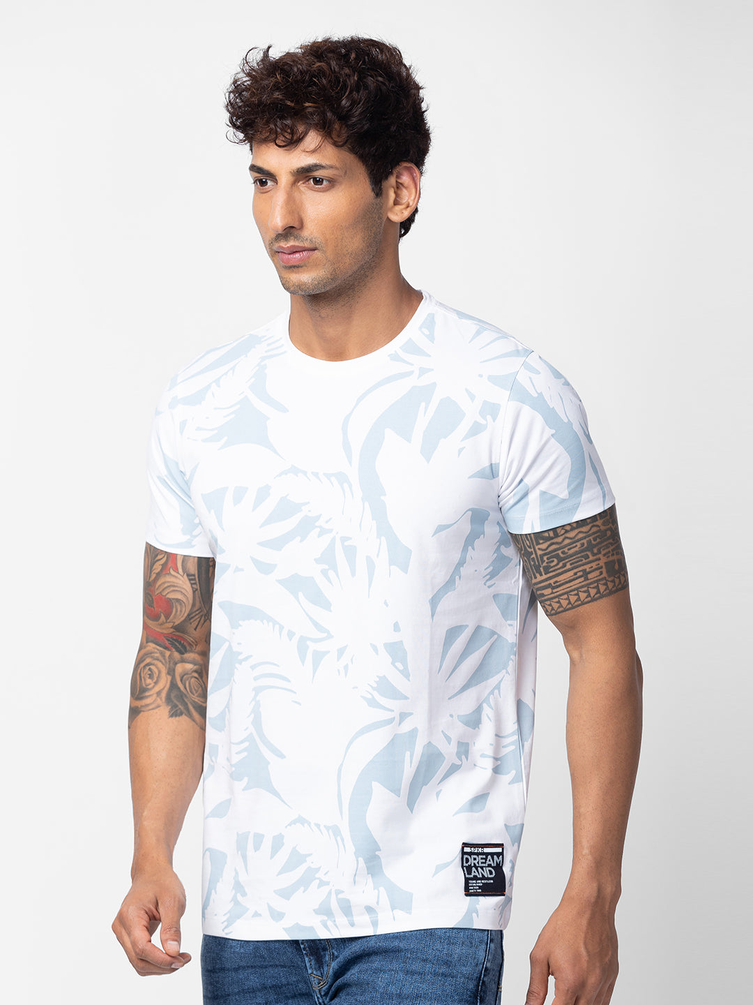 Spykar Men White Cotton Regular Fit Half Sleeve Printed T-Shirt