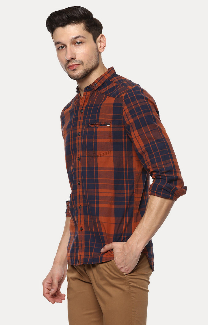 Spykar Men'S Orange Cotton Checked Casual Shirts