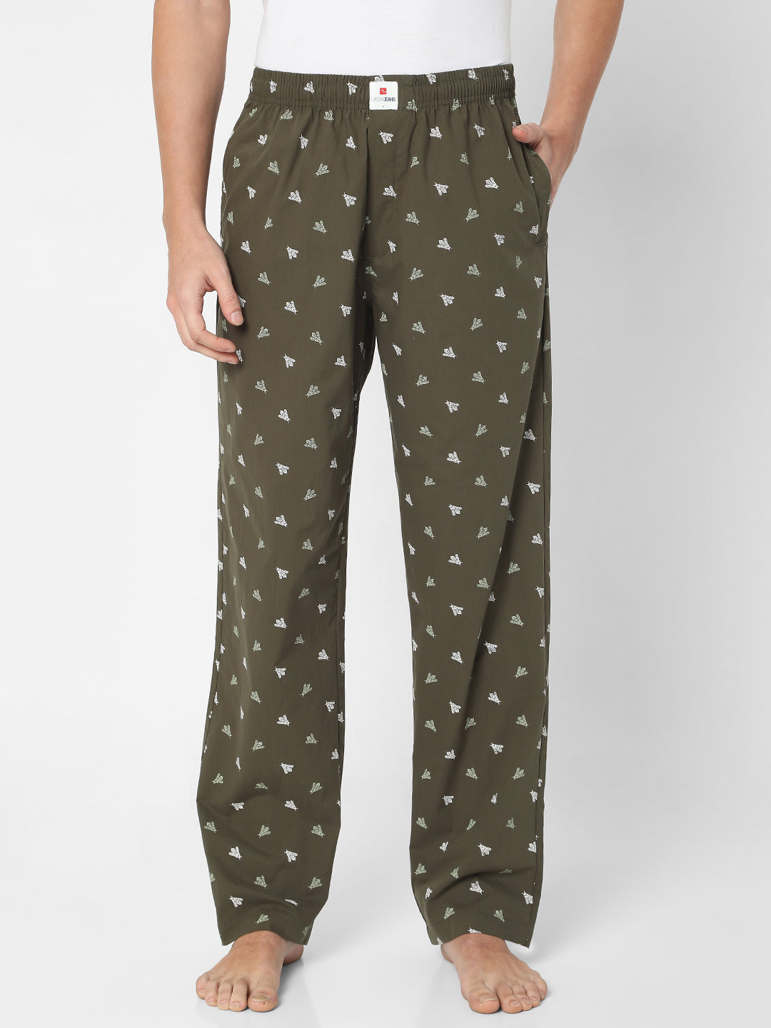 Men Premium Olive Cotton Printed Pyjama- UnderJeans By Spykar