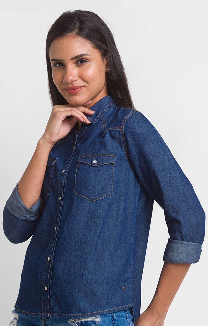 Spykar Mid Blue Cotton Full Sleeve Denim Shirts For Women