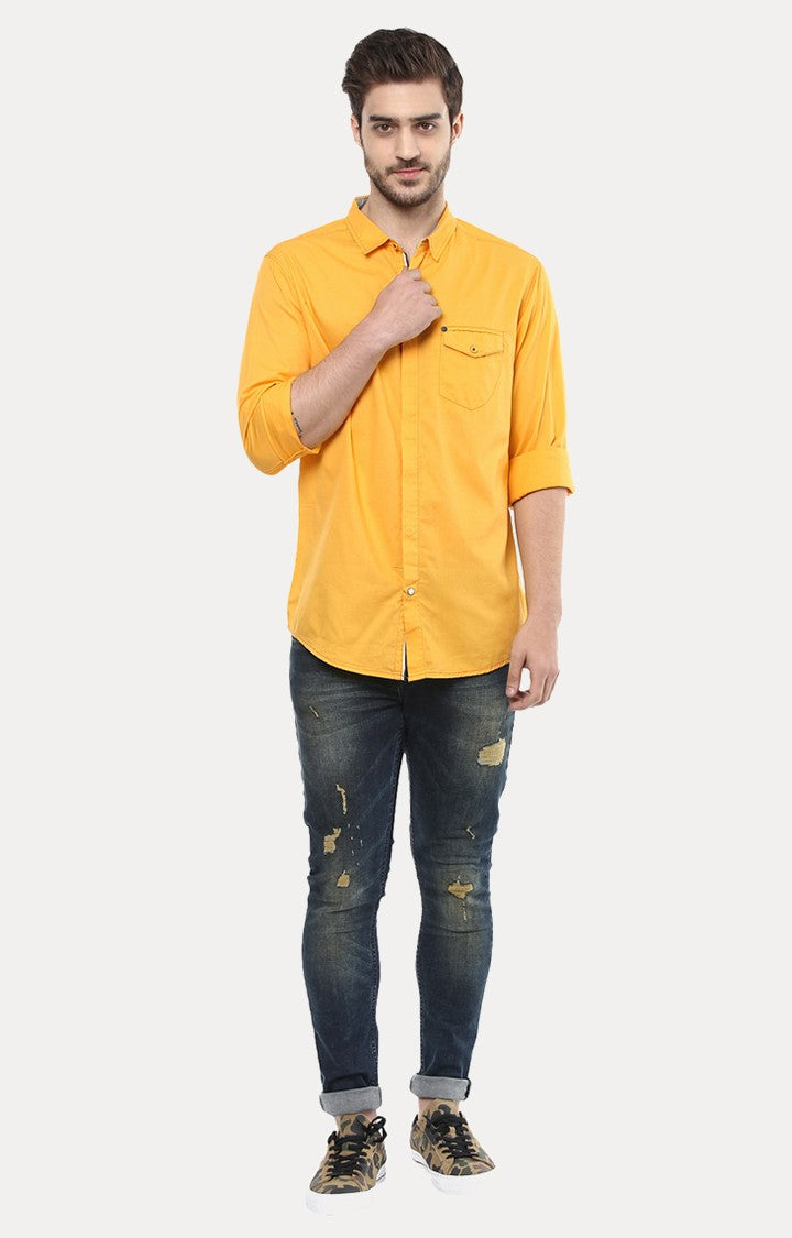 Spykar Men'S Yellow Cotton Solid Casual Shirts