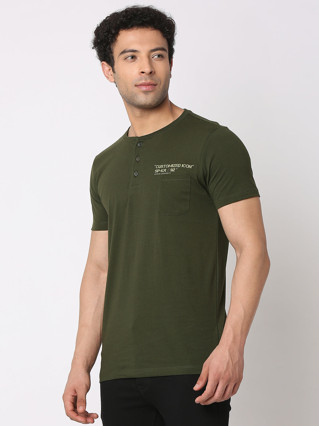 Spykar Men Rifle Green Cotton Slim Fit Henley Neck Plain T-Shirt