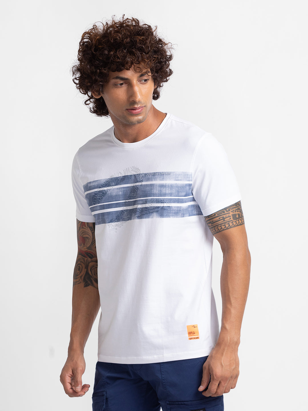 Spykar White Cotton Half Sleeve Printed Casual T-Shirt For Men