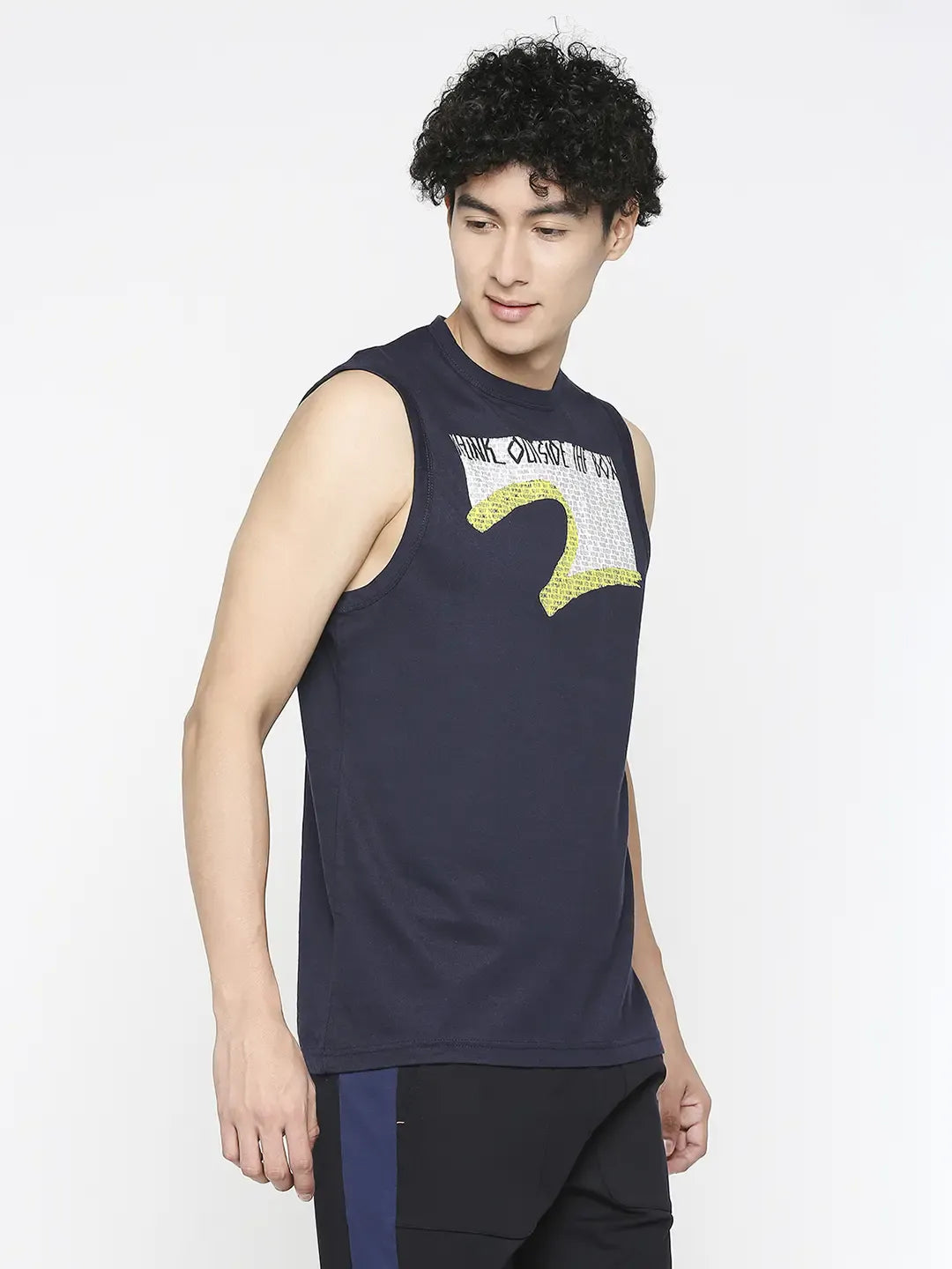 Spykar Men Navy Blue Cotton Slim Fit Sleeveless Printed Tshirt