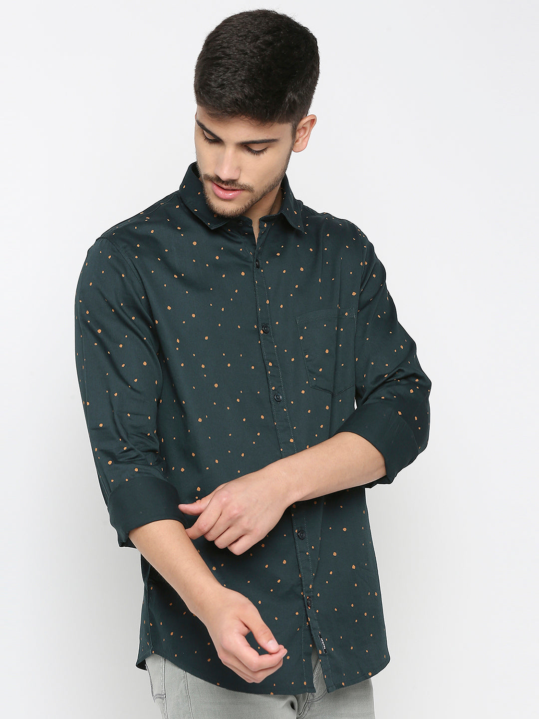 Spykar Bottle Green Cotton Full Sleeve Printed Shirt For Men