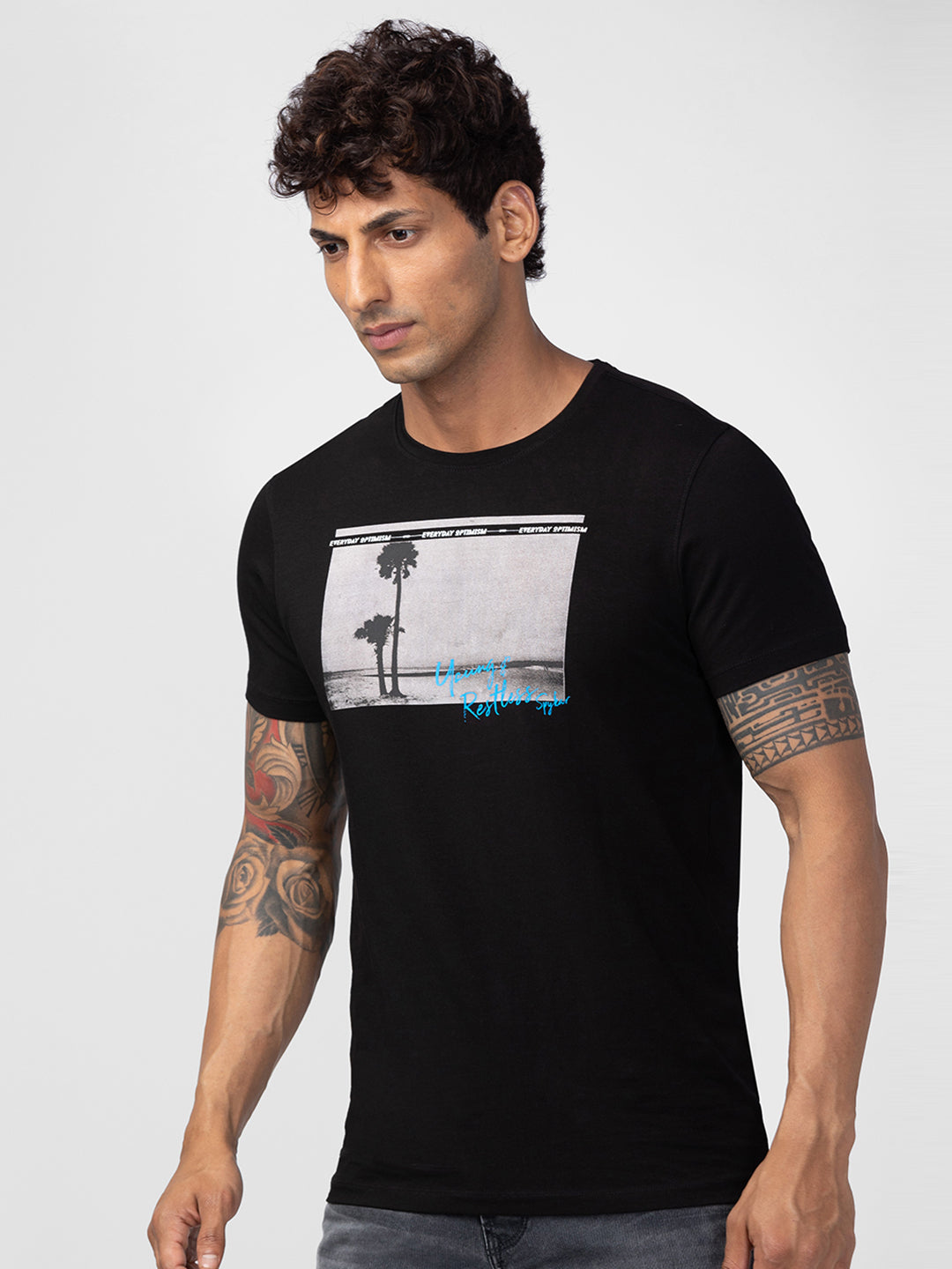 Spykar Men Black Cotton Regular Fit Half Sleeve Printed T-Shirt