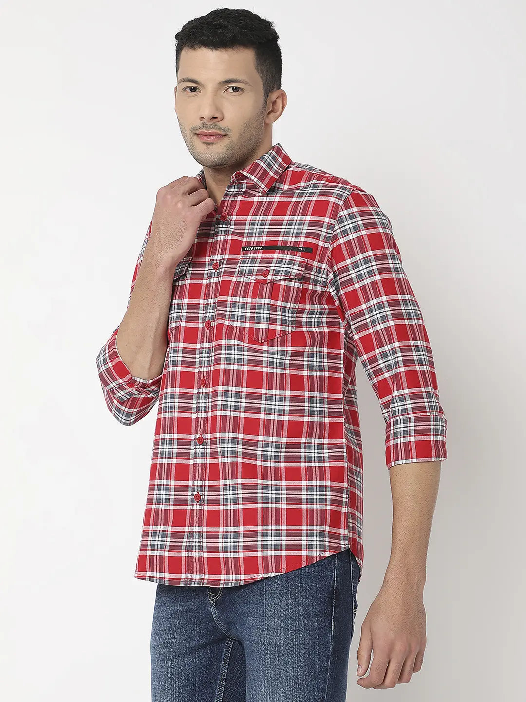 Spykar Men Red Cotton Slim Fit Checkered Shirt