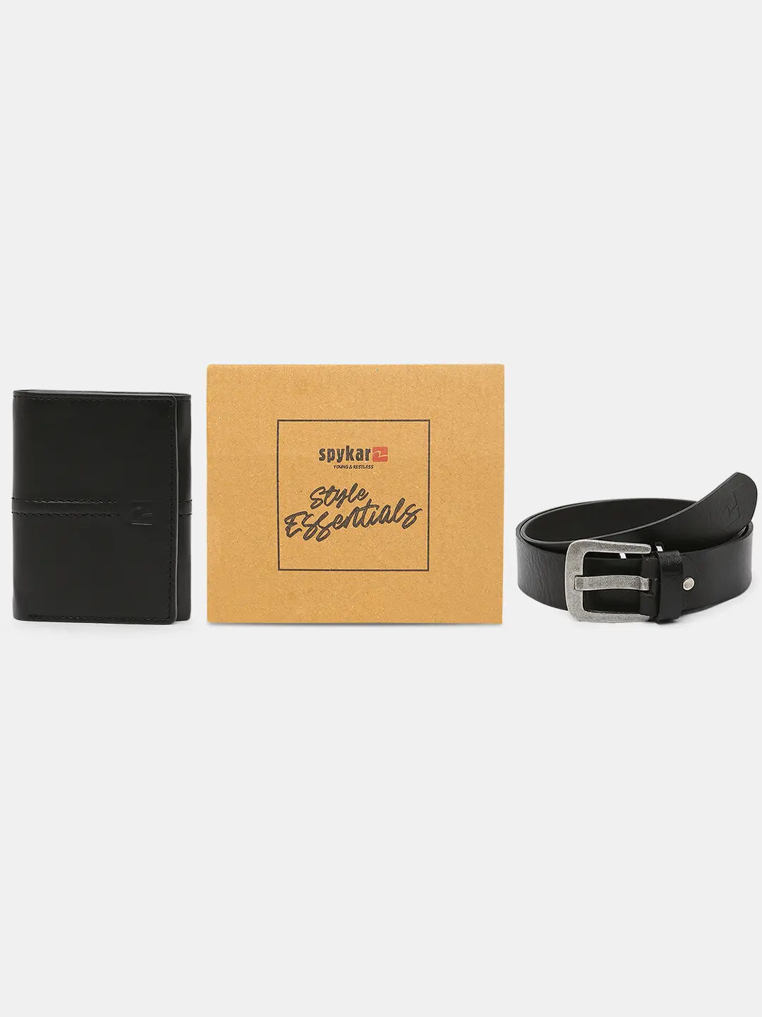 Spykar Black Leather Belt & Wallet Combo