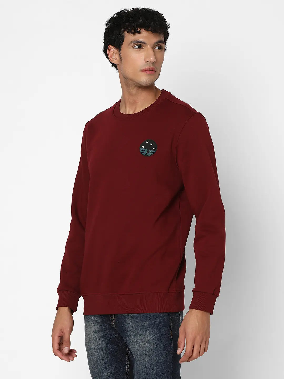 Spykar Men Wine Red Blended Slim Fit Full Sleeve Round Neck Plain Casual Sweatshirt