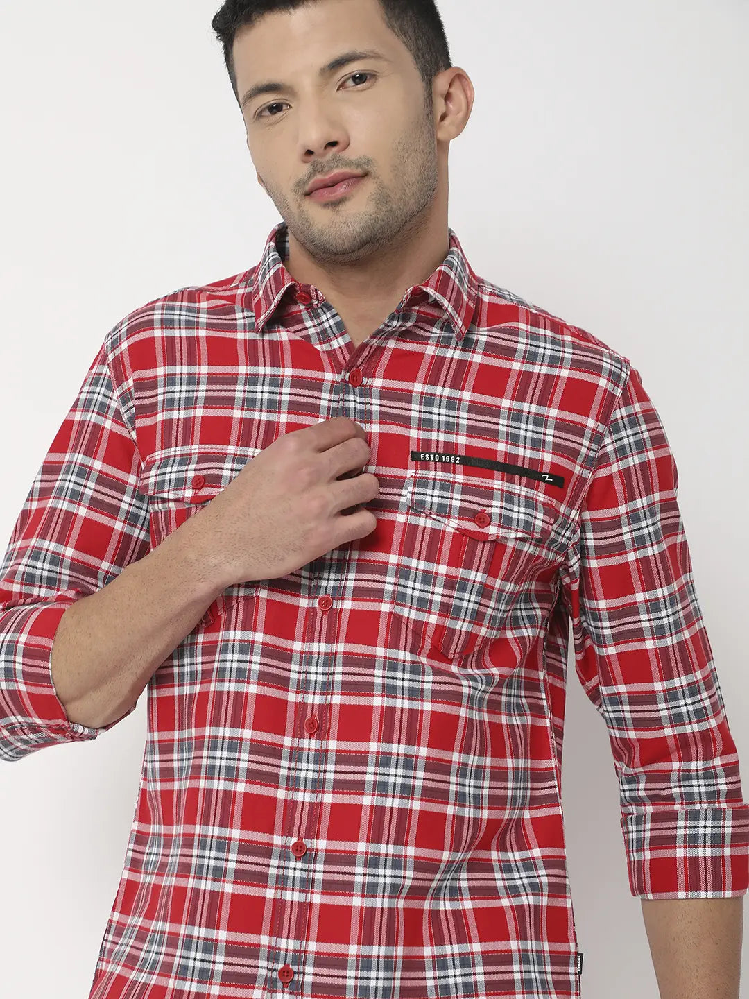 Spykar Men Red Cotton Slim Fit Checkered Shirt