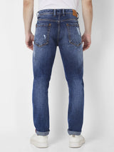 Spykar Men Mid Blue Cotton Slim Fit Narrow Length Mild Distressed Low Rise Jeans (Skinny)
