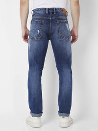 Spykar Men Mid Blue Cotton Slim Fit Narrow Length Mild Distressed Low Rise Jeans (Skinny)