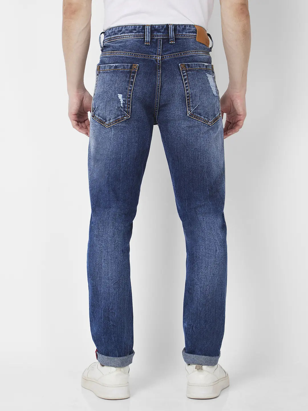 Spykar Men Mid Blue Cotton Slim Fit Narrow Length Mild Distressed Low Rise Jeans (Skinny)