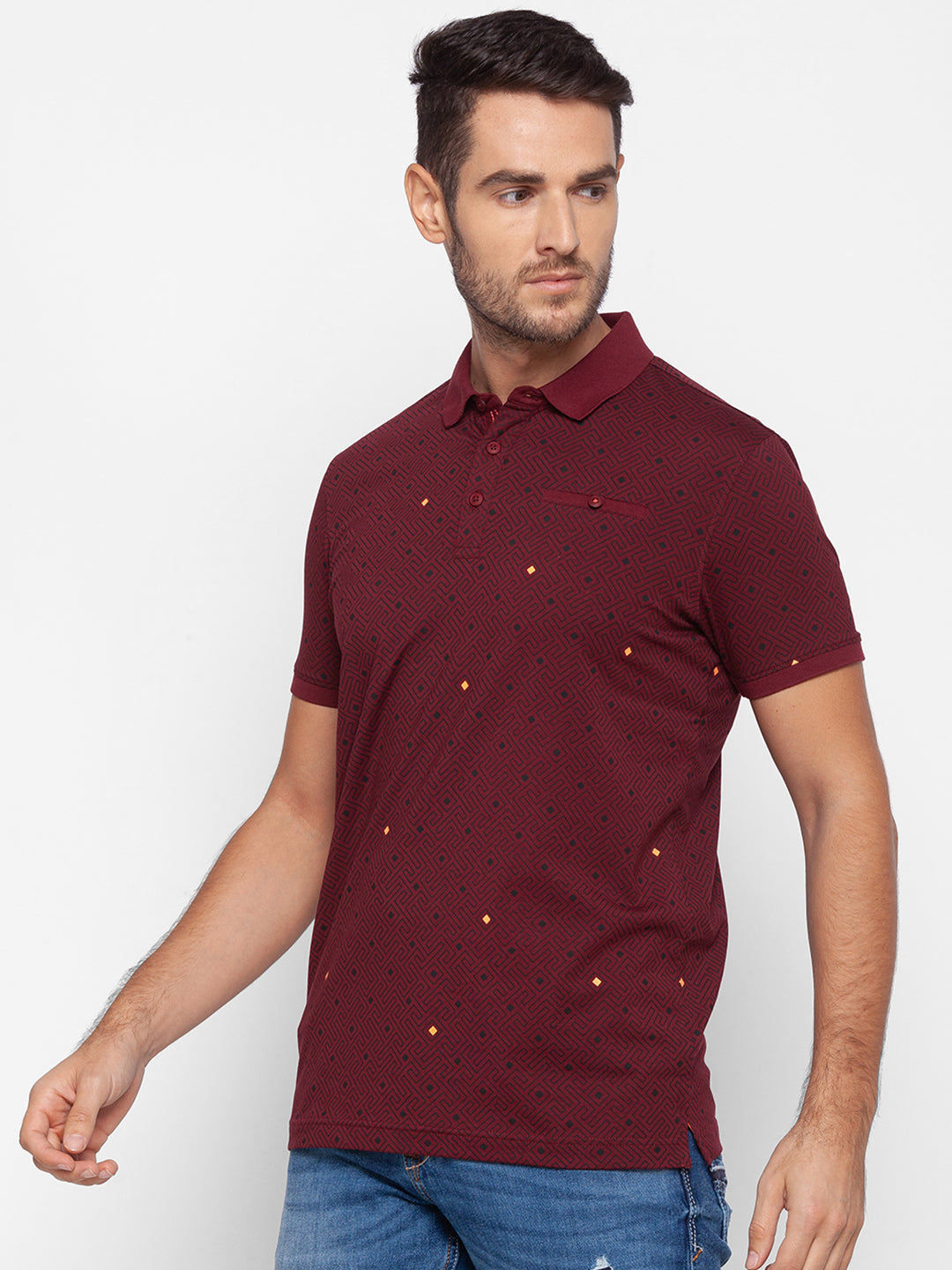 Spykar Men Red Cotton Slim Fit Polo T-Shirt