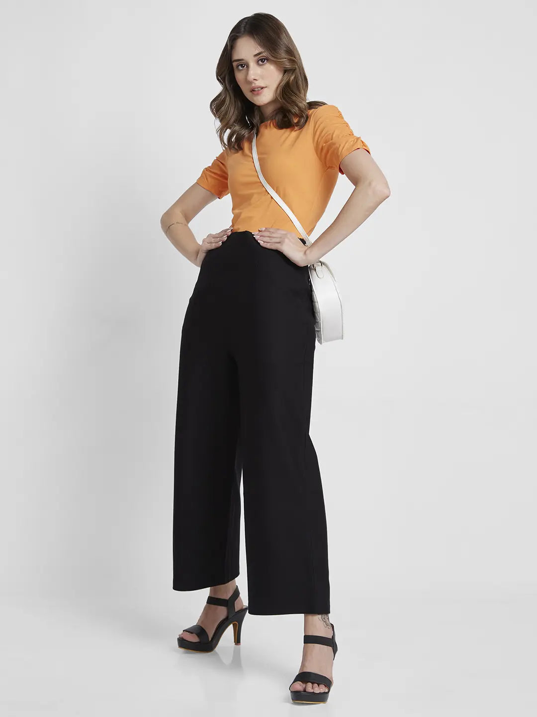 Spykar Women Apricot Crush Blended Slim Fit Half Sleeve Boat Neck Plain Crop Tshirt