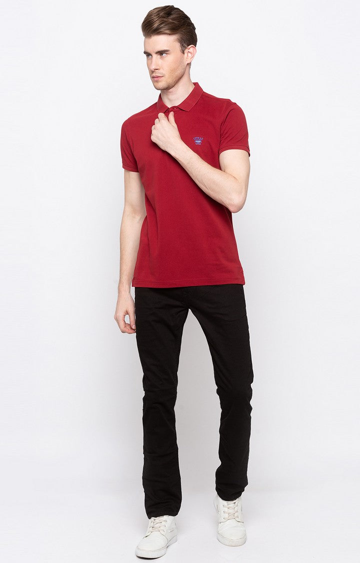 Spykar Red Solid Slim Fit Polo T-Shirt