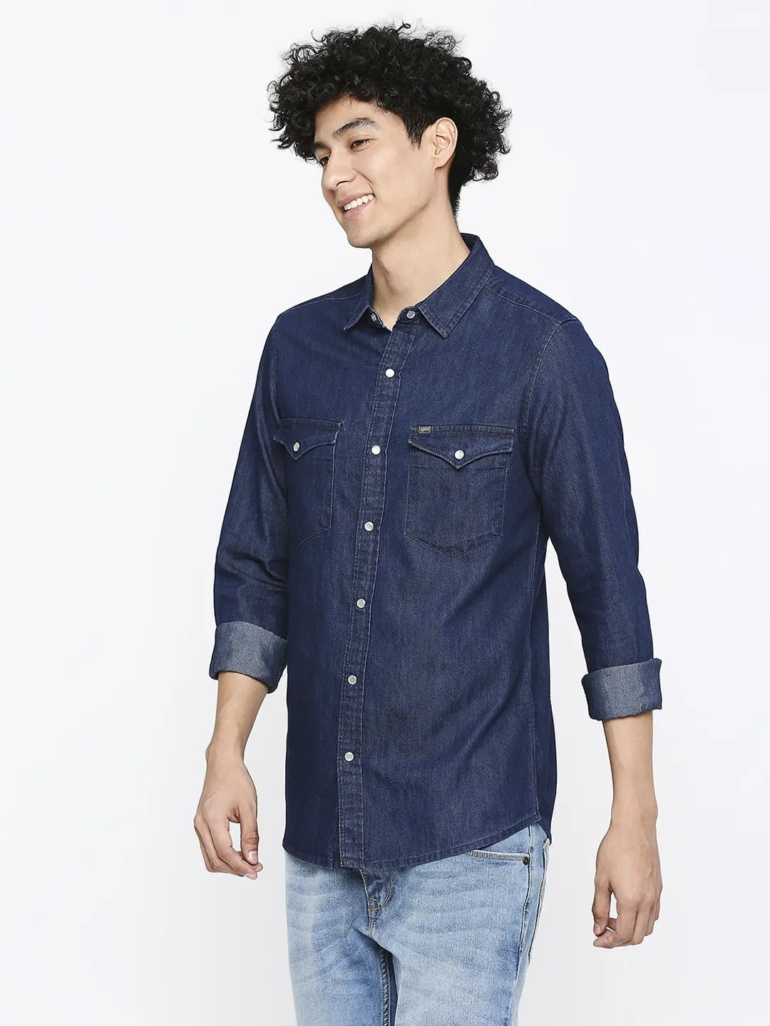 Spykar Men Mid Blue Cotton Slim Fit Denim Shirt