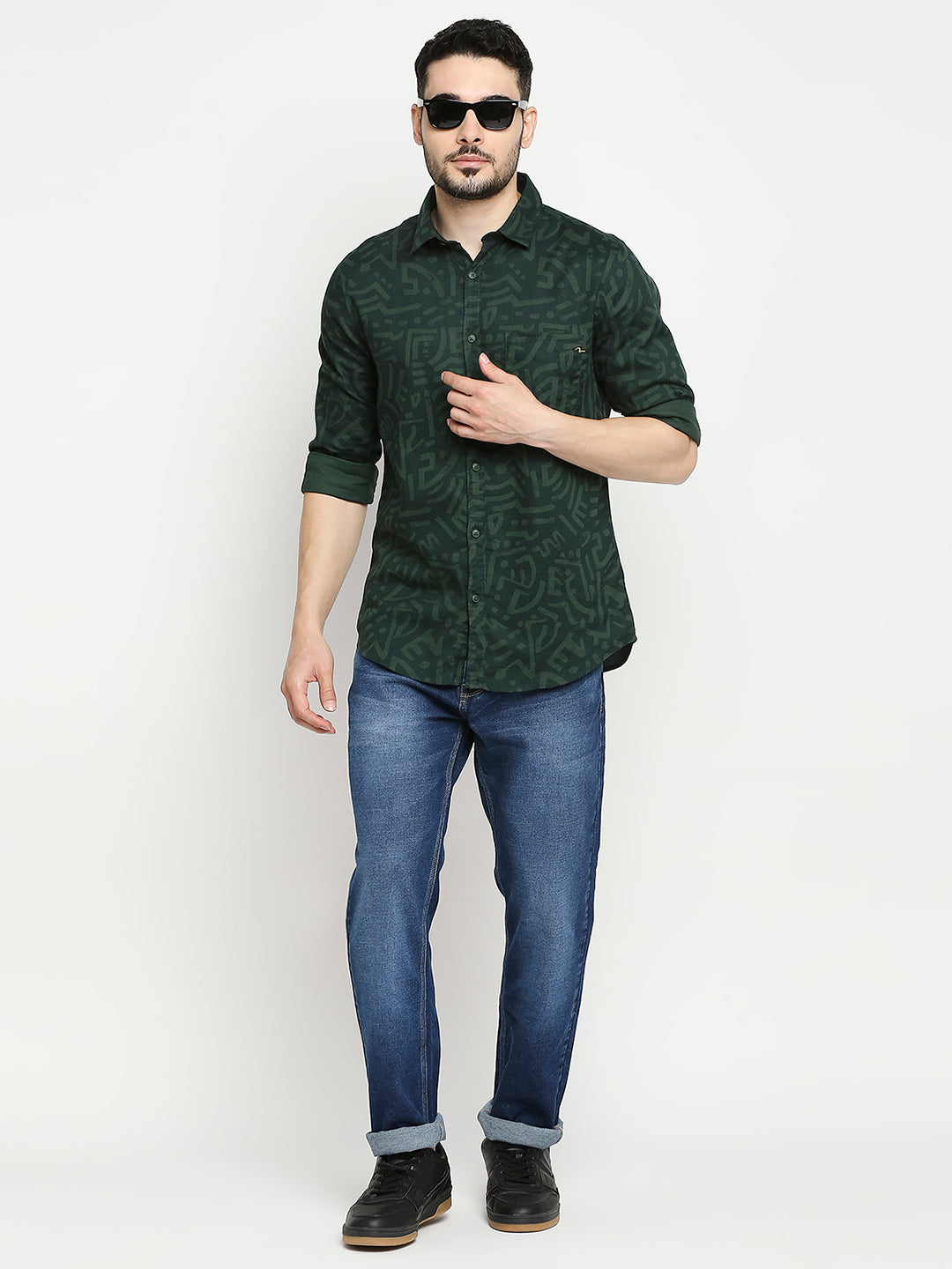 Spykar Bottle Green Cotton Full Sleeve Printed Shirt For Men