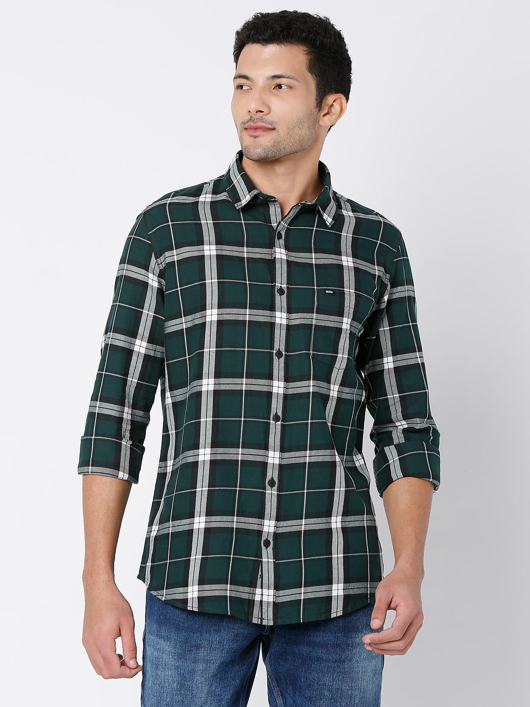 Spykar Men Bottle Green Cotton Slim Fit Checkered Shirt