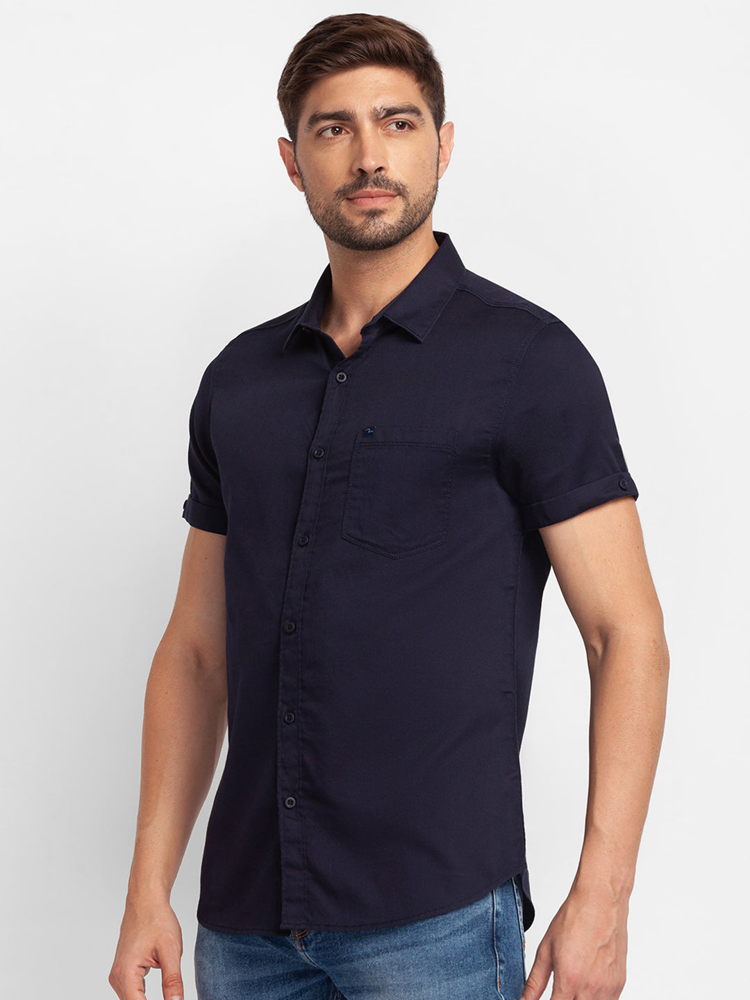 Spykar Navy Blue Cotton Half Sleeve Plain Shirt For Men