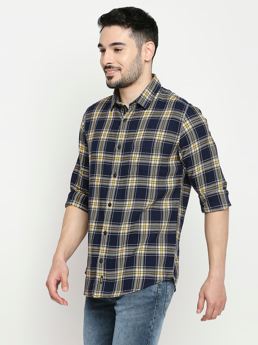 Spykar Navy Yellow Cotton Full Sleeve Checkered Shirt For Men