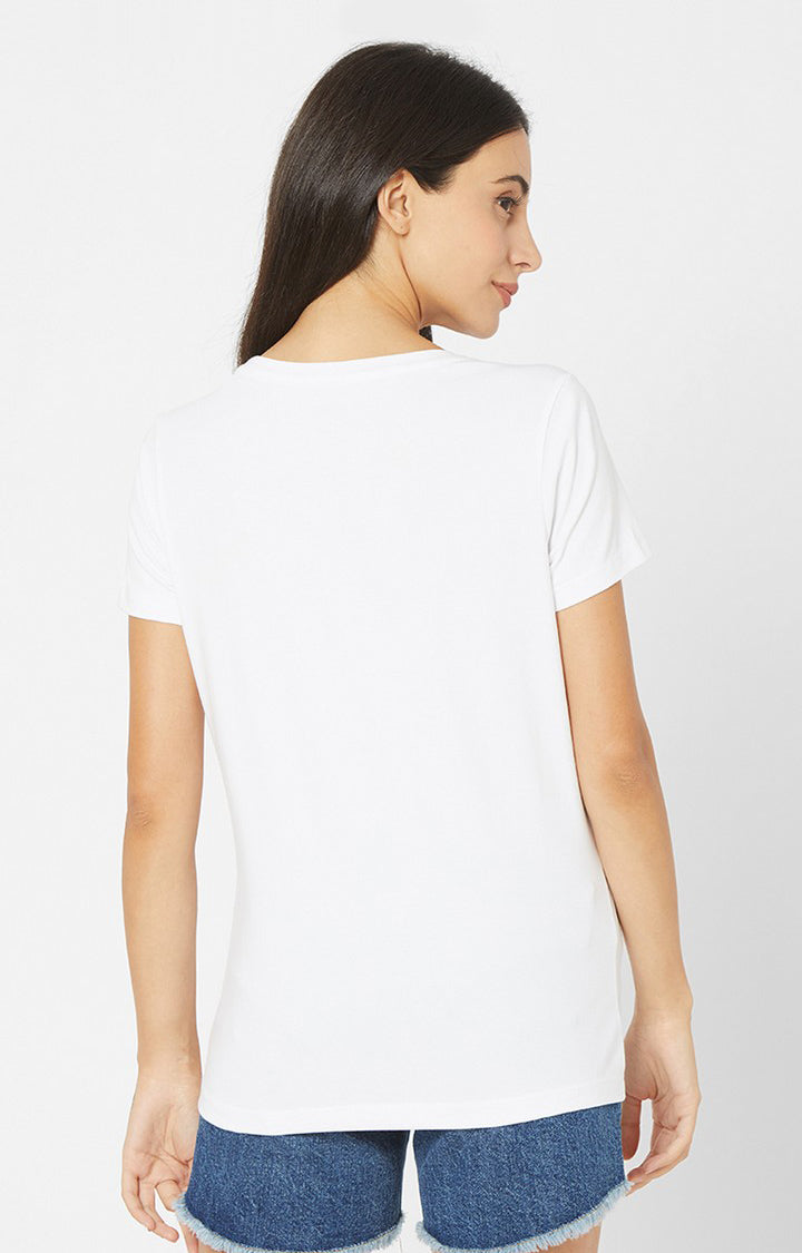 Spykar Women White Cotton Regular Round Neck T-Shirt