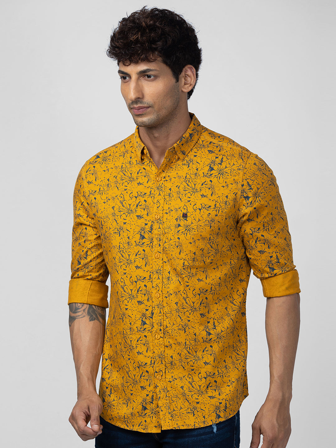 Spykar Men Mustard Yellow Cotton Slim Fit Printed Shirt