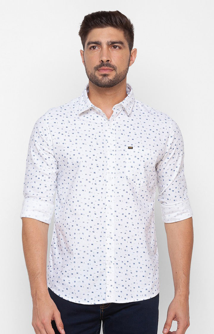 Spykar White Cotton Full Sleeve Printed Shirt For Men