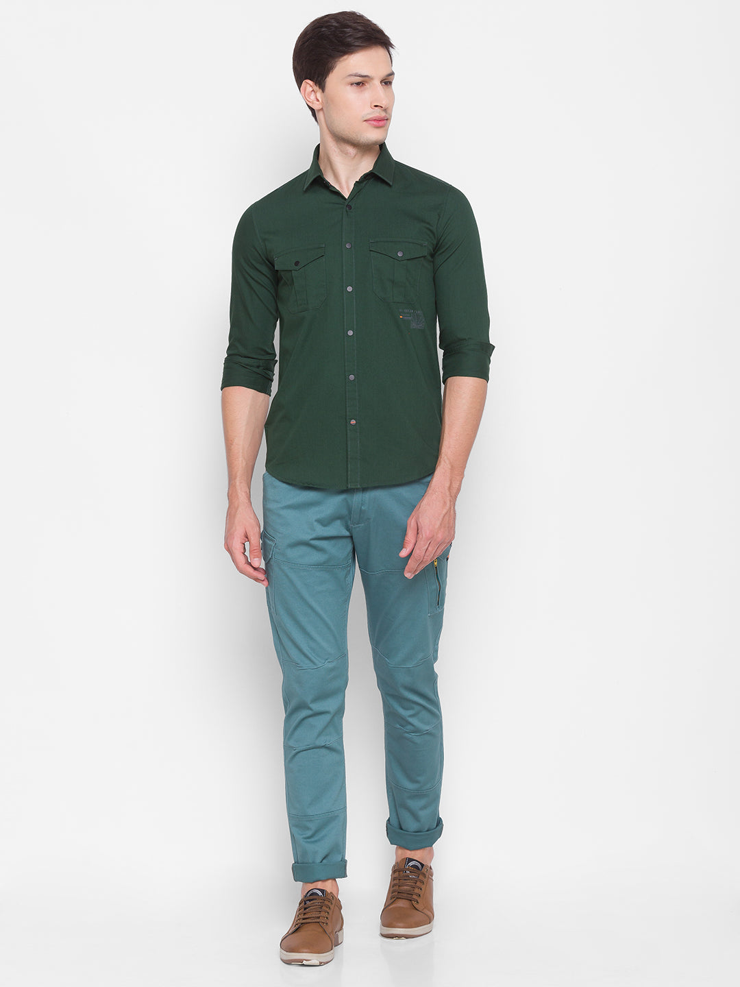 Spykar Slim Fit Green Cotton Men Shirt