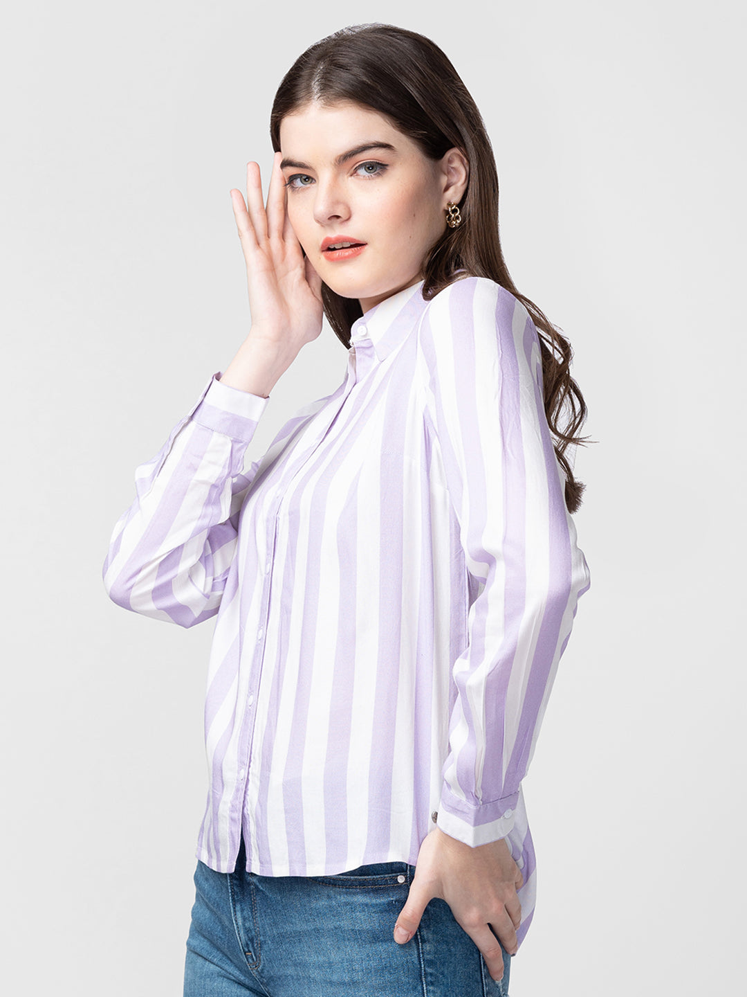 Spykar Women Lilac Cotton Slim Fit Striped Shirts