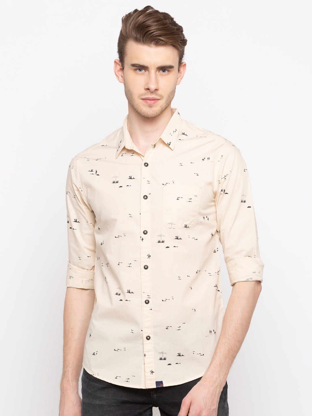 Spykar Men Beige Printed Slim Fit Casual Shirt