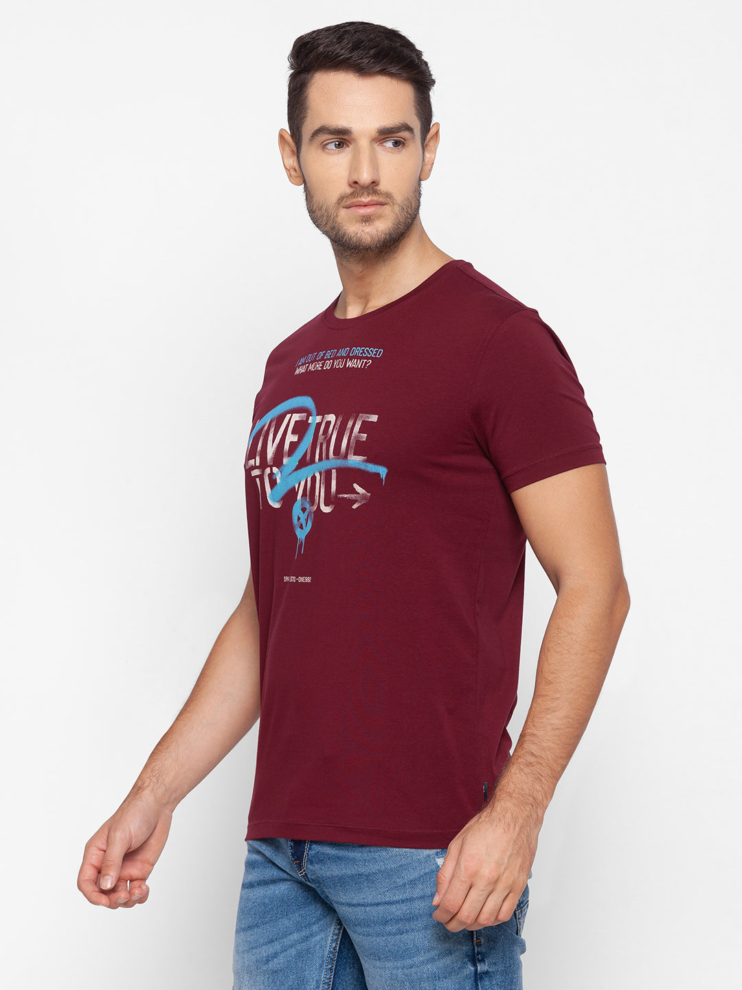 Spykar Men Red Cotton Slim Fit Round Neck T-Shirt