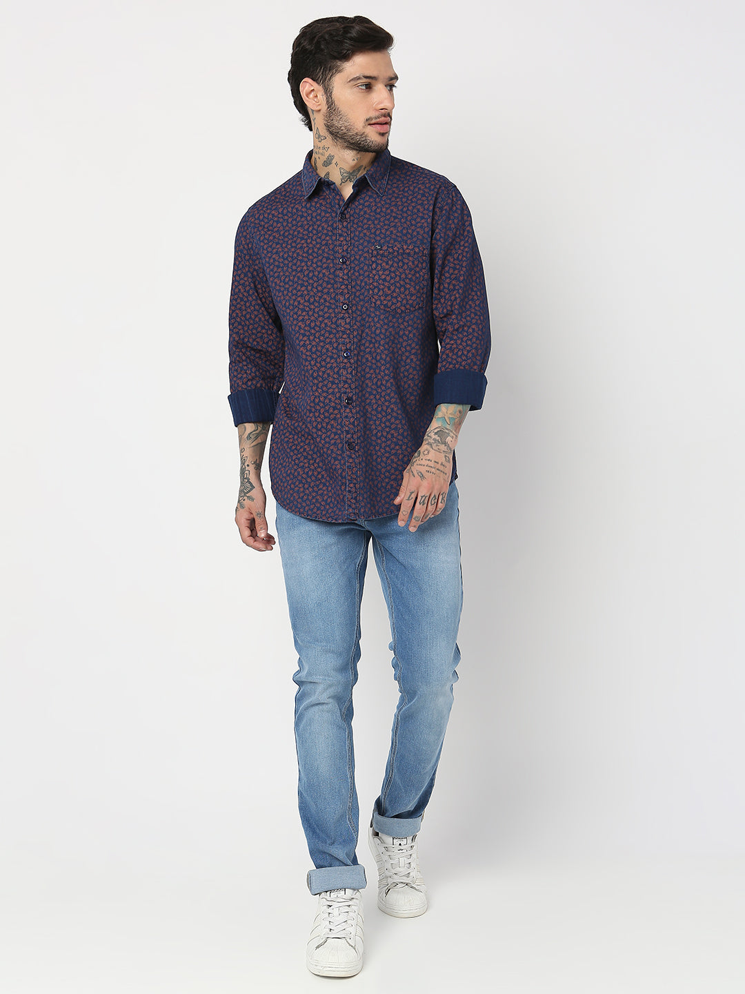 Spykar Men Indigo Blue/Rust Cotton Slim Fit Printed Shirts