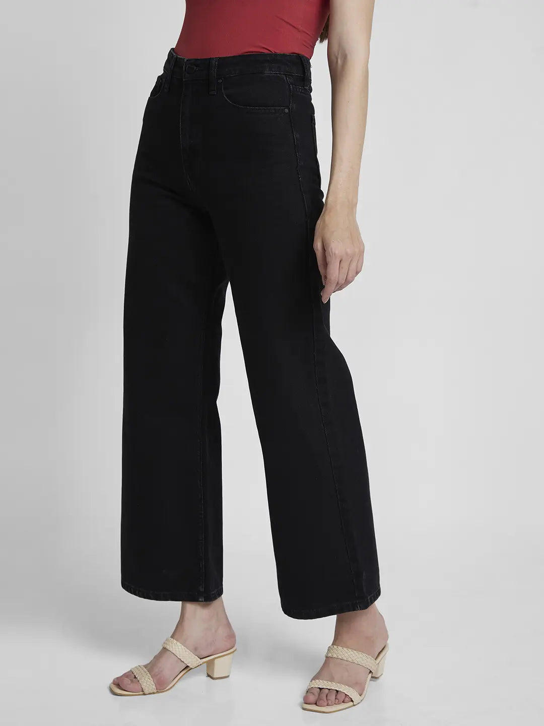 Spykar Women Black Cotton Wide Leg Fit Ankle Length Clean look Jeans -(Bella-Wide leg)