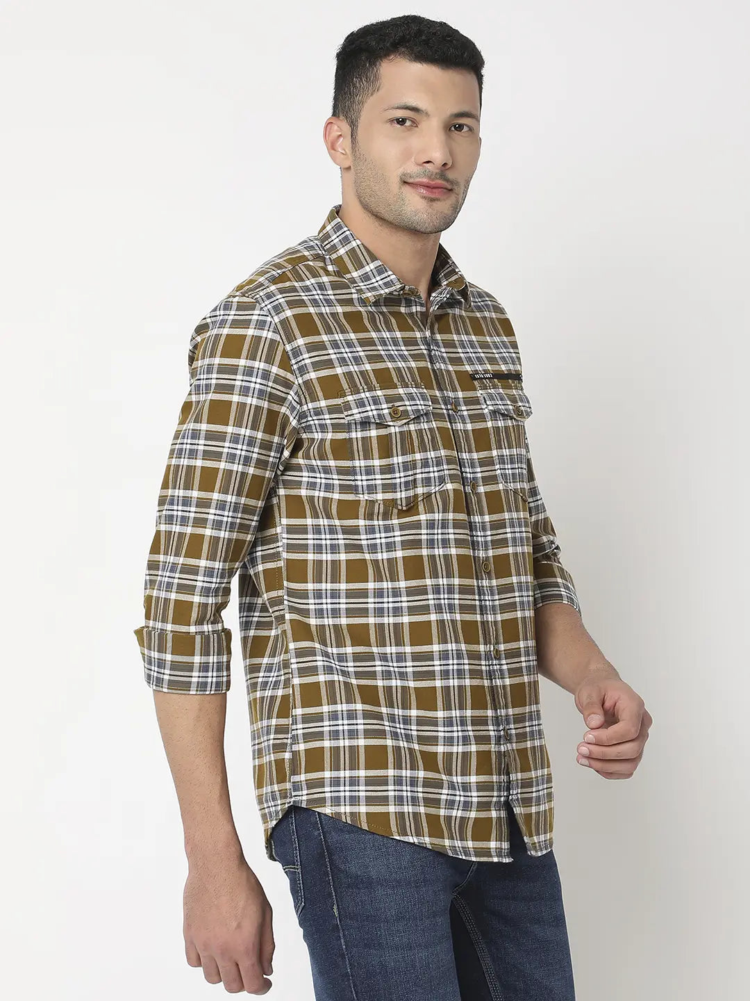 Spykar Men Moss Green Cotton Slim Fit Checkered Shirt