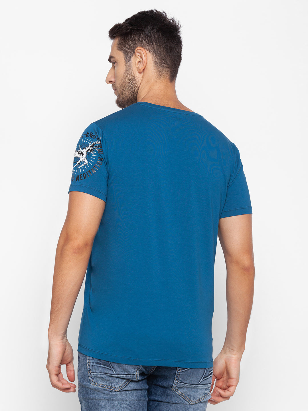 Spykar Men Blue Cotton Slim Fit Round Neck T-Shirt