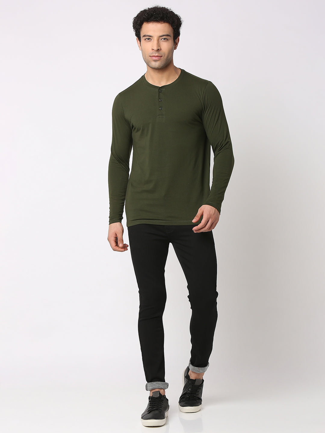 Spykar Men Rifle Green Cotton Slim Fit Henley Neck Plain T-Shirt