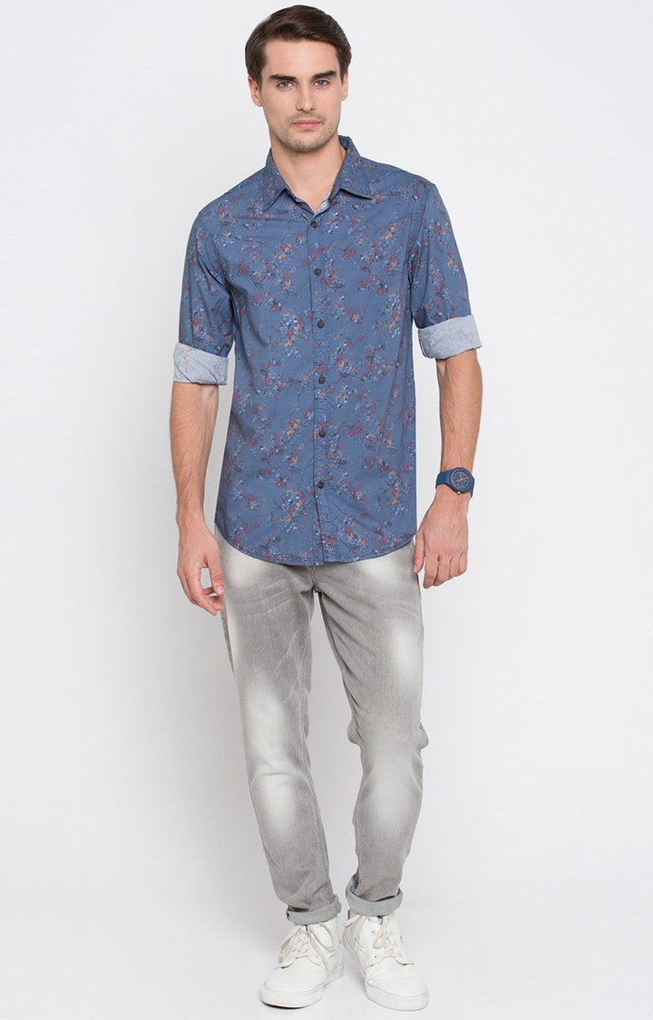 Spykar Men'S Blue Cotton Printed Casual Shirts