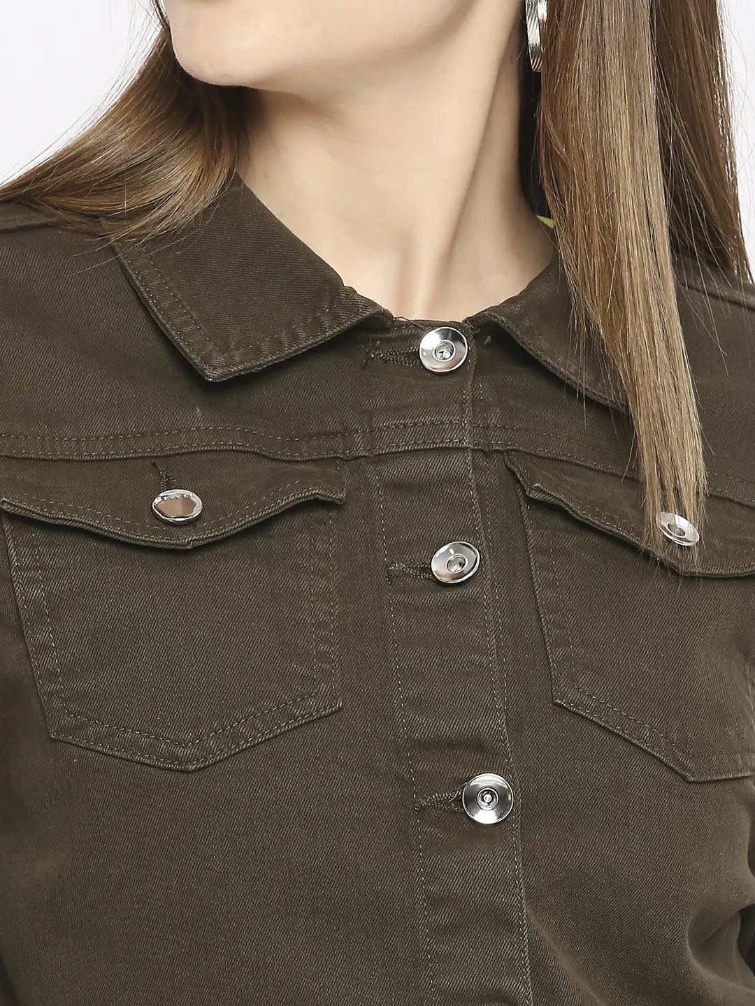Spykar Women Olive Lycra Regular Fit Crop Denim Jacket