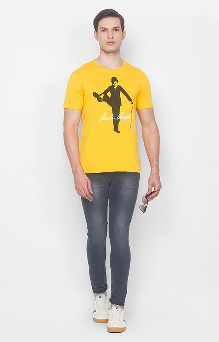 Charlie Chaplin Spykar Men Chrome Yellow Cotton Slim Fit Round Neck Printed T-Shirt