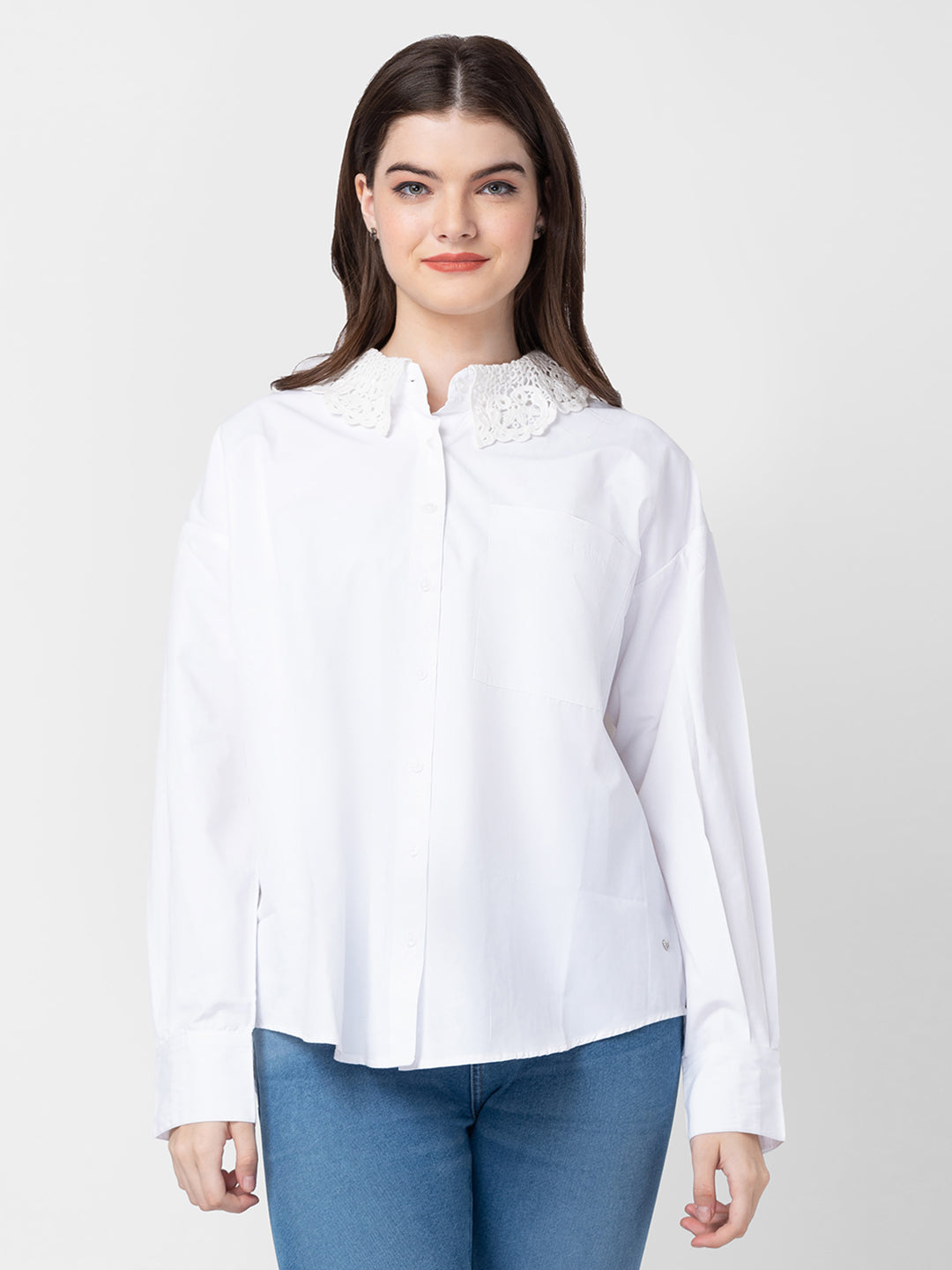 Spykar Women White Cotton Regular Fit Plain Shirts