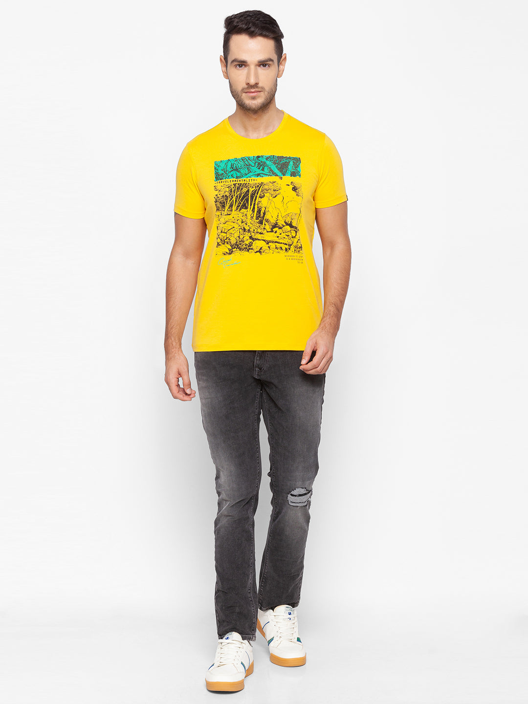 Spykar Men Yellow Cotton Slim Fit Round Neck T-Shirt