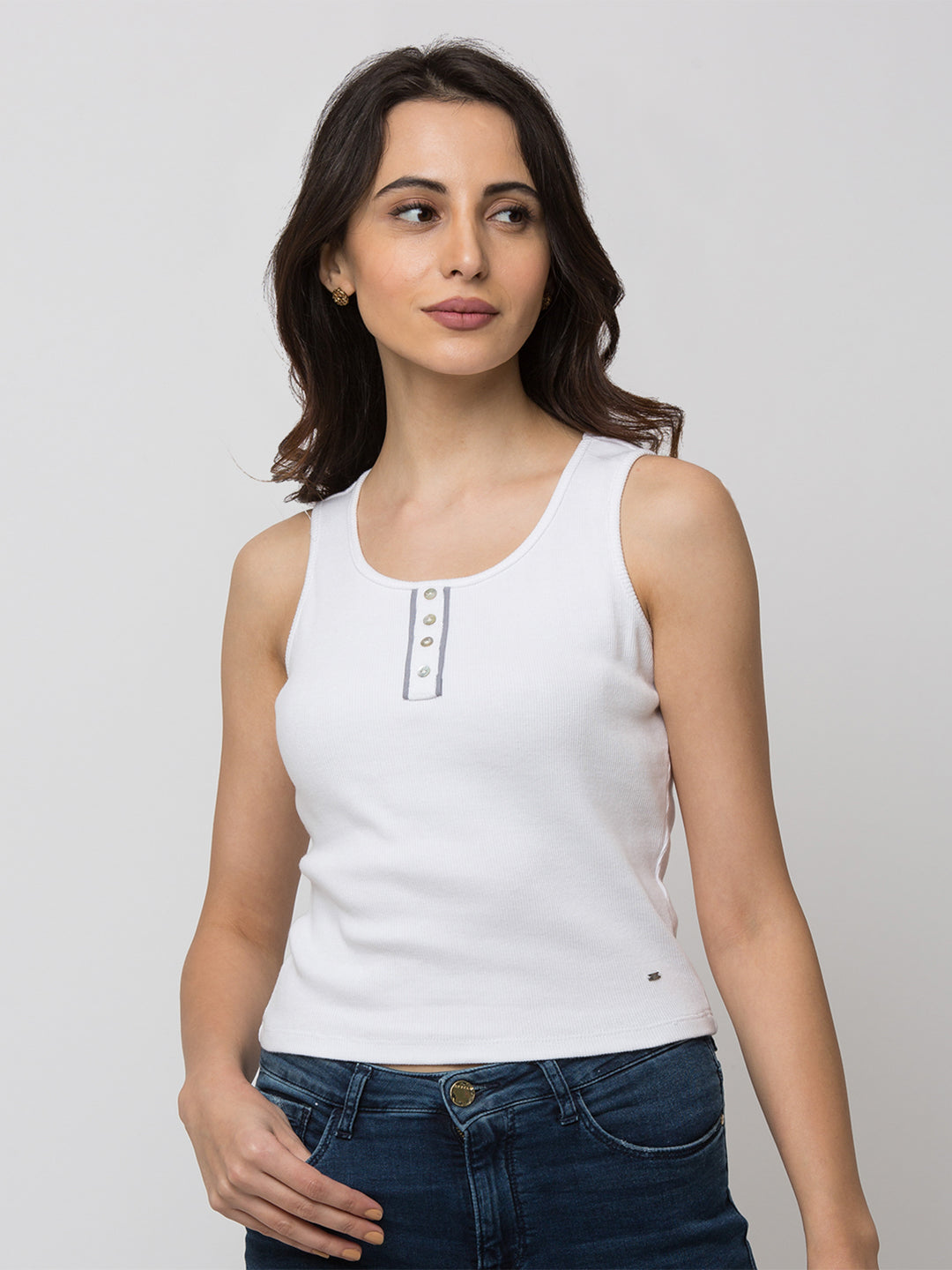 Spykar Women White Cotton Slim Fit Round Neck T-Shirt