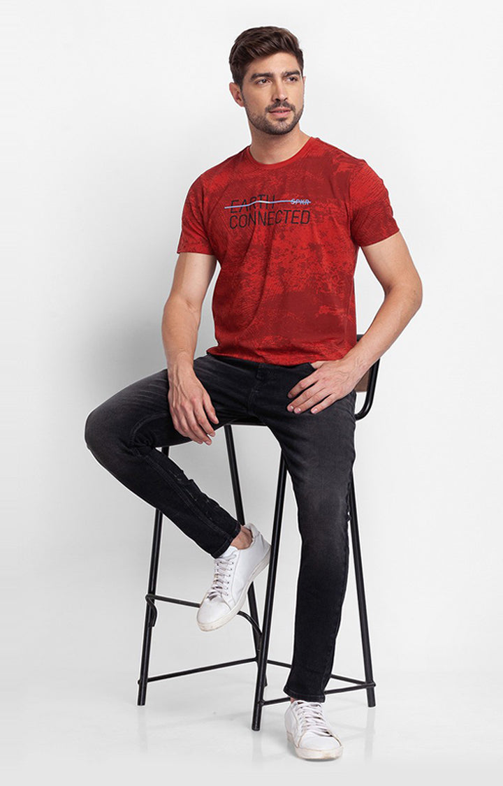 Spykar Brick Red Cotton Half Sleeve Printed Casual T-Shirt For Men