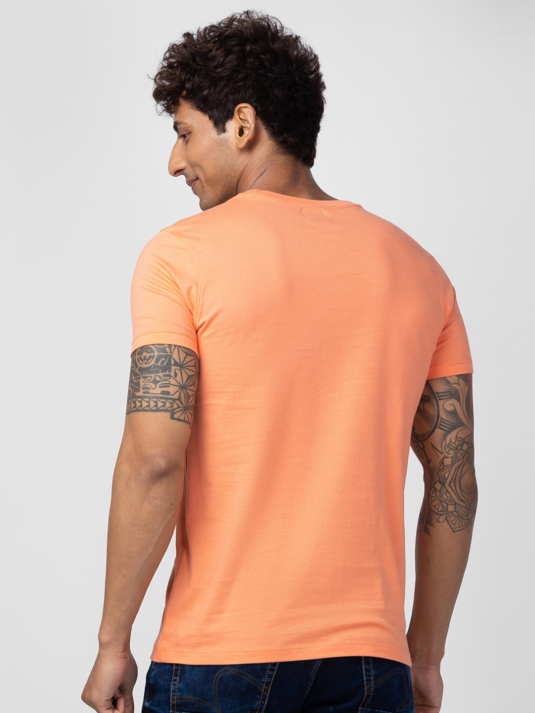 Spykar Men Peach Cotton Regular Fit Half Sleeve Printed T-Shirt