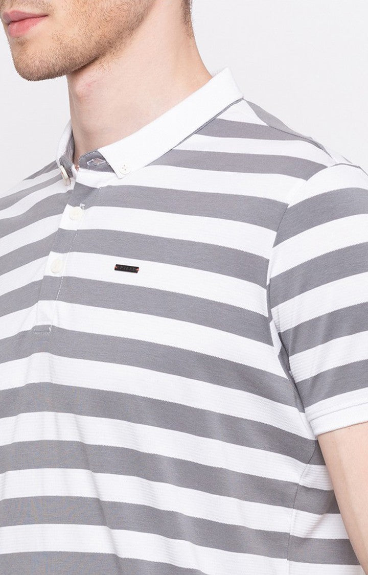 Spykar White and Grey Striped Slim Fit Polo T-Shirt