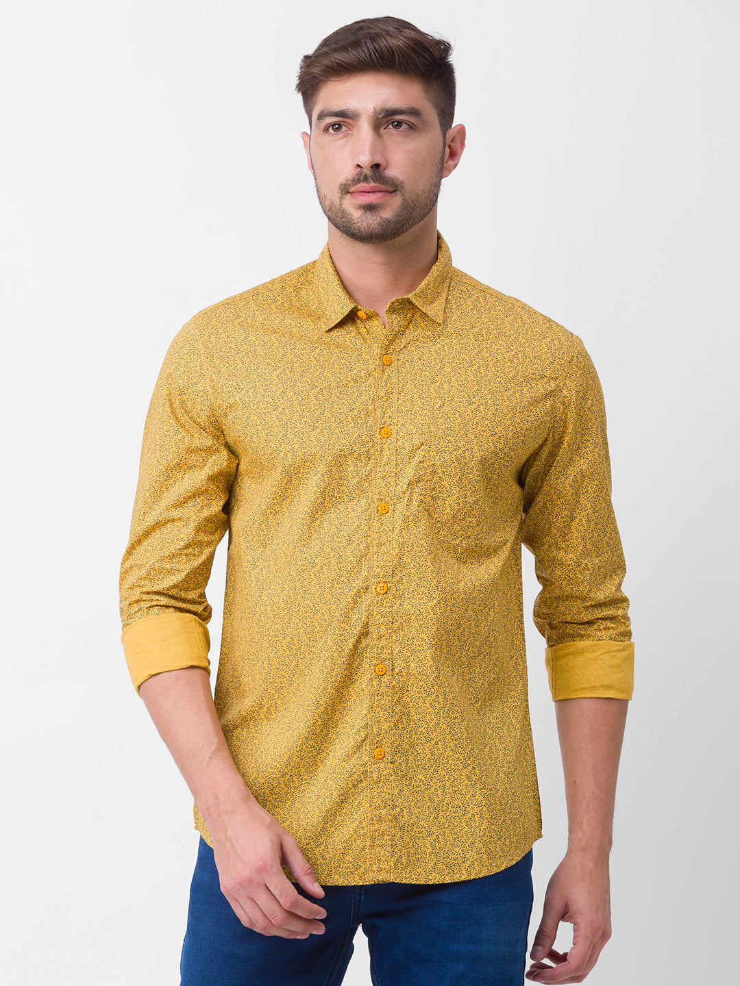 Spykar Sulphur Yellow Cotton Full Sleeve Plain Shirt For Men -  msh02bbss018sulphuryellow