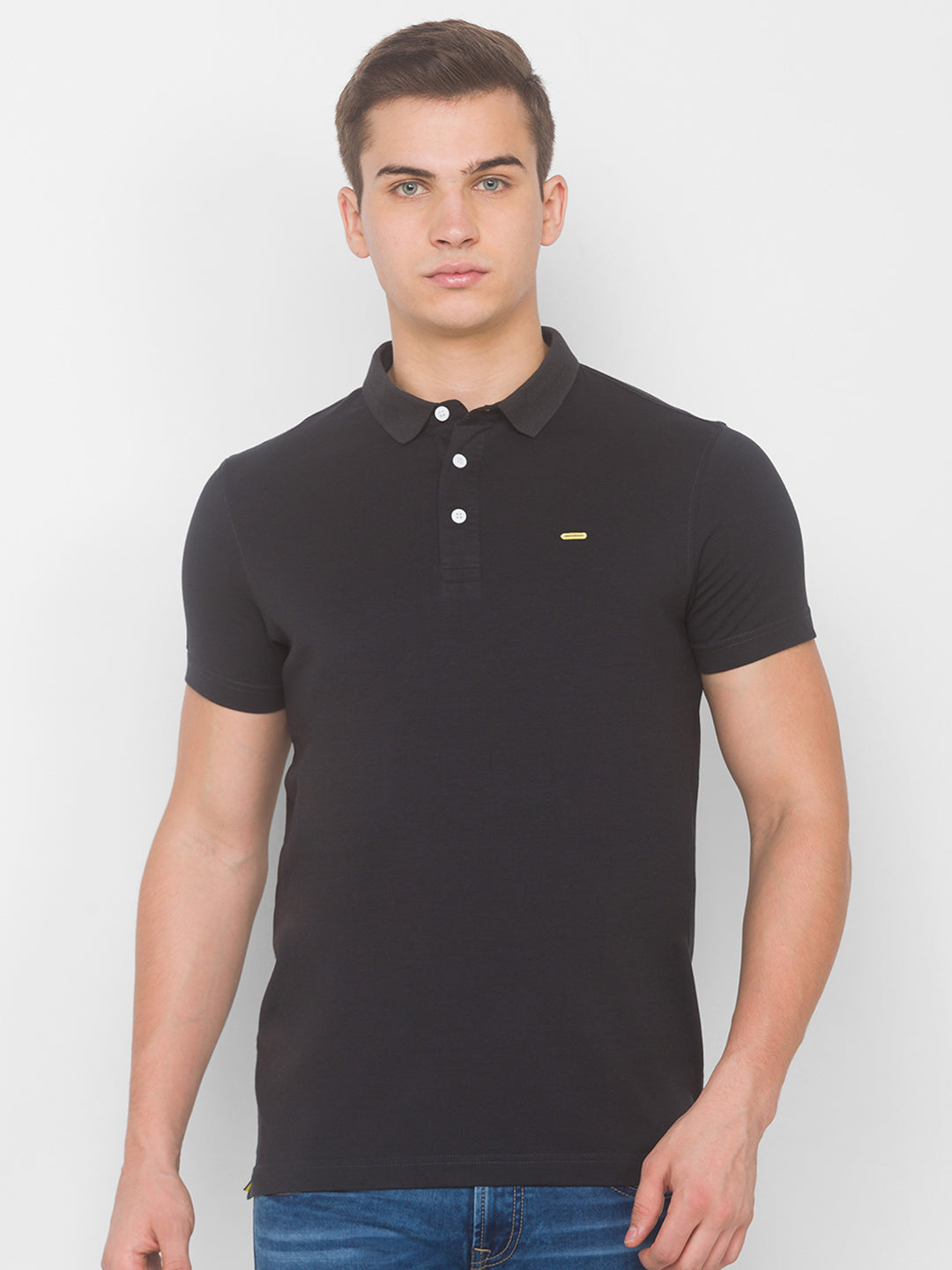 Spykar Men Grey Cotton Slim Fit Polo T-Shirt